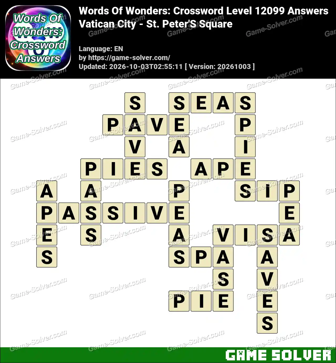 Words Of Wonders: Crossword Level 12099 Answers – Vatican City – St. Peter’S Square